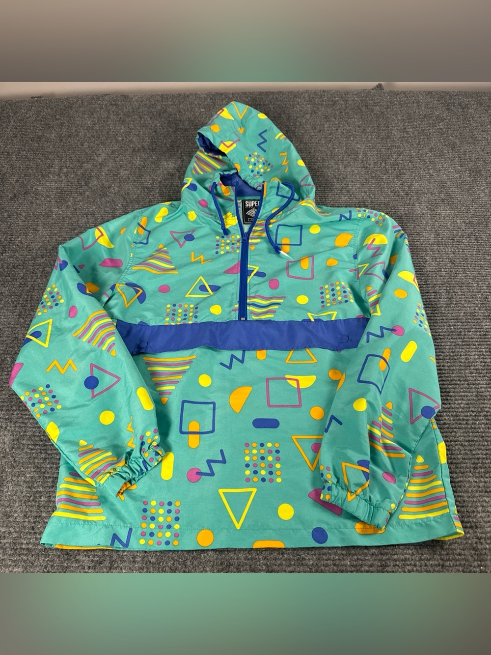 Super Massive Geometric Pullover Pockets Hoodie Large Green Multi Retro 80s